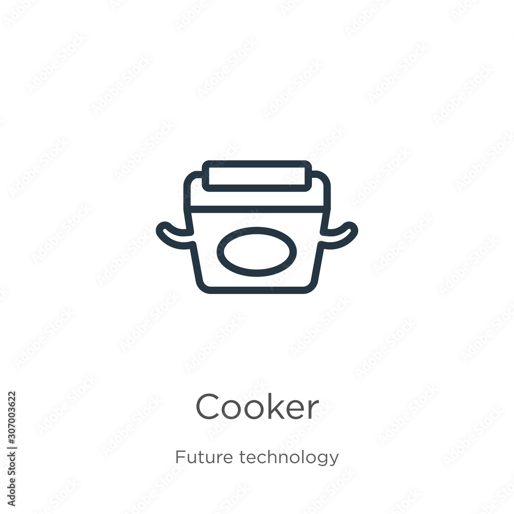 Poster cooker icon. thin linear cooker outline icon isolated on white background from future technology col