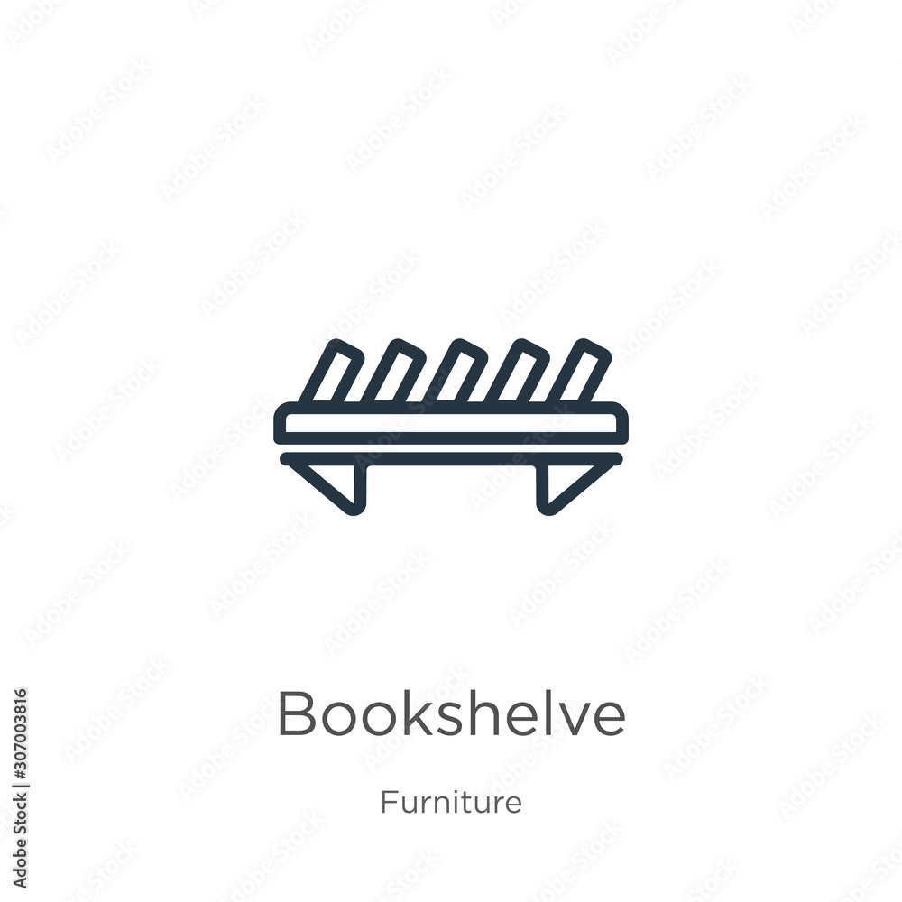 Poster bookshelve icon. thin linear bookshelve outline icon isolated on white background from furniture col
