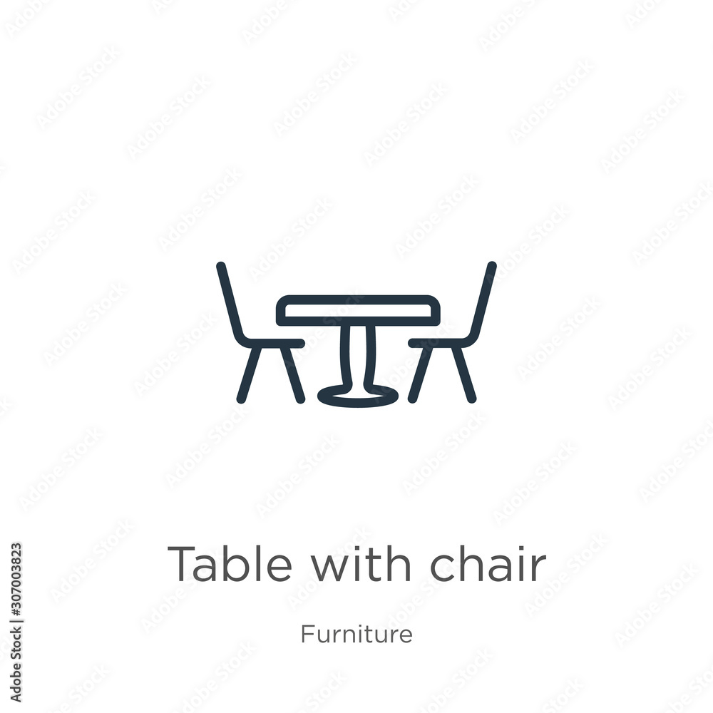 Poster table with chair icon. thin linear table with chair outline icon isolated on white background from f