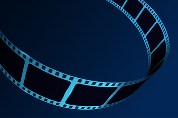 Fototapeta premium Realistic 3D cinema film strip in perspective. Film reel frame isolated on blue background. Vector template cinema festival with place for text. Movie design for brochure, poster, banner or flyer.