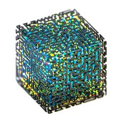 Concept of a cubic quantum computer, made of metallic maze and shiny colored particles, isolated on white background