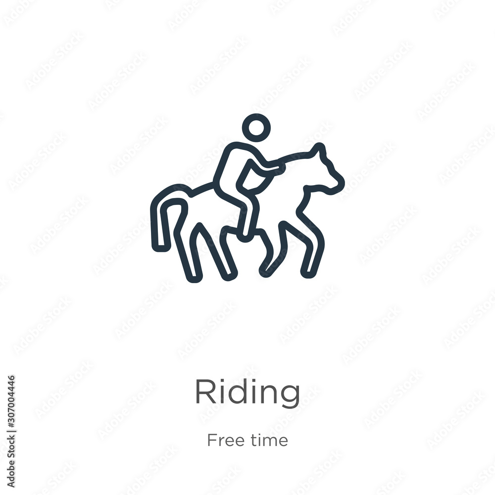 Poster riding icon. thin linear riding outline icon isolated on white background from hobbies collection. l