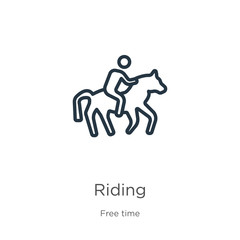 Riding icon. Thin linear riding outline icon isolated on white background from hobbies collection. Line vector riding sign, symbol for web and mobile