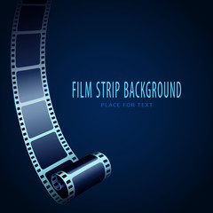 Obraz premium Realistic 3D cinema film strip in perspective isolated on blue background. Festive design with cinema film strip. Cinema festival poster, brochure, banner or flyer template for your design. Vector EPS