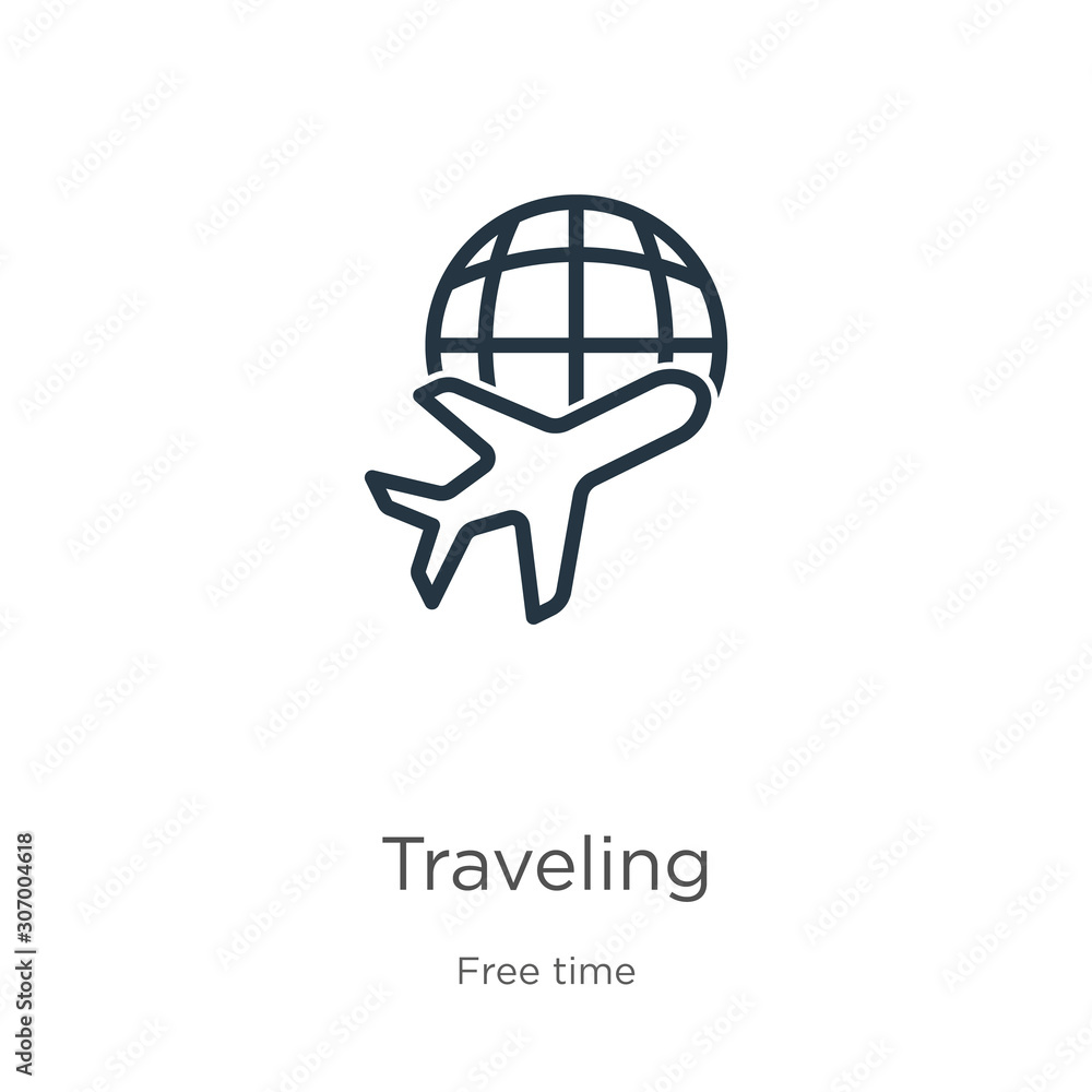 Poster traveling icon. thin linear traveling outline icon isolated on white background from free time colle