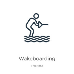 Wakeboarding icon. Thin linear wakeboarding outline icon isolated on white background from free time collection. Line vector wakeboarding sign, symbol for web and mobile