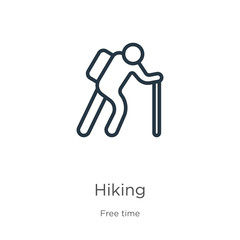 Hiking icon. Thin linear hiking outline icon isolated on white background from free time collection. Line vector hiking sign, symbol for web and mobile