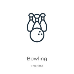 Bowling icon. Thin linear bowling outline icon isolated on white background from free time collection. Line vector bowling sign, symbol for web and mobile