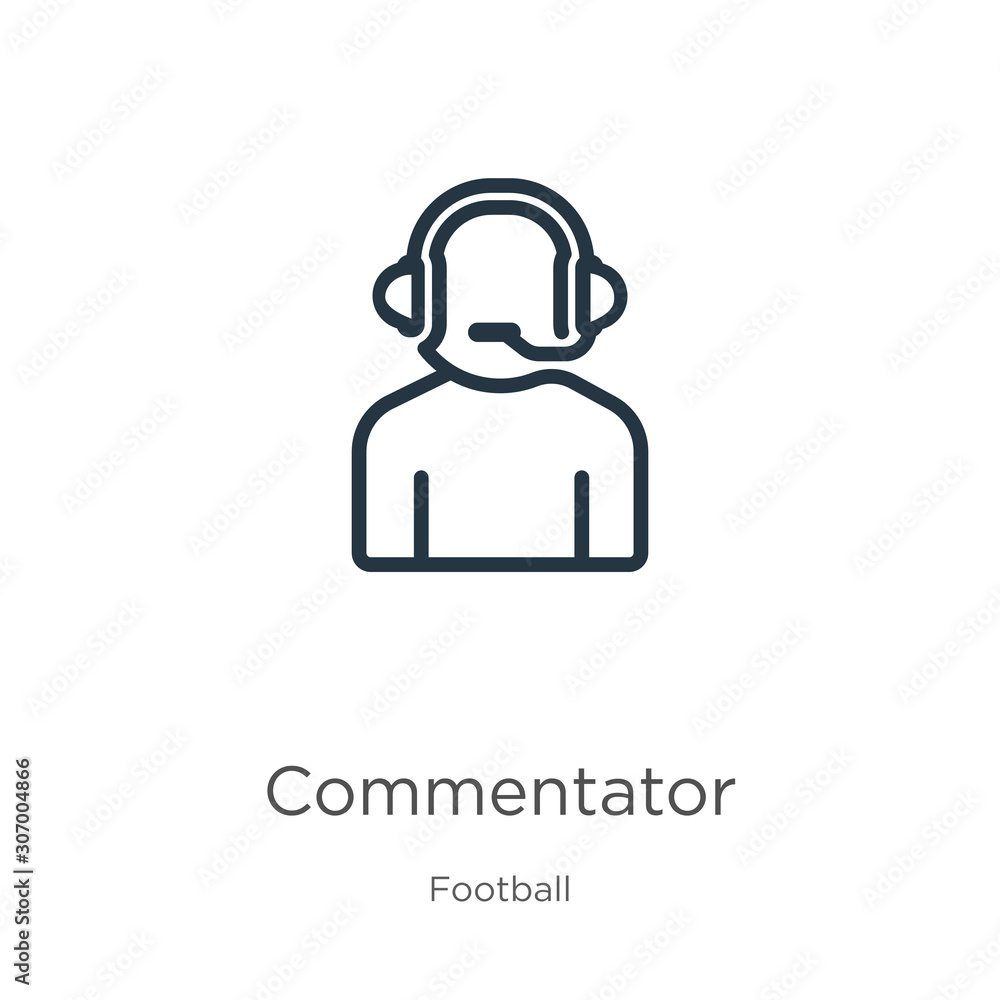 Poster commentator icon. thin linear commentator outline icon isolated on white background from football co