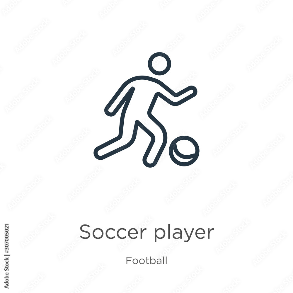 Poster soccer player icon. thin linear soccer player outline icon isolated on white background from footbal