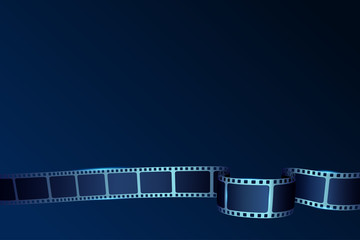 Realistic 3D cinema film strip in perspective isolated on blue background. Vector template cinema festival. Movie design cinema film strip for ad, poster, presentation, show, brochure, banner or flyer