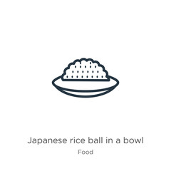 Japanese rice ball in a bowl icon. Thin linear japanese rice ball in a bowl outline icon isolated on white background from food collection. Line vector japanese rice ball in a bowl sign, symbol for
