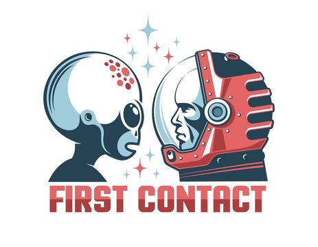 Alien and astronaut in space helmet face-to-face. First contact retro concept. Vintage print style illustration.