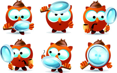 Set of detective owl characters with magnifying glass, investigating. Full vector illustration.