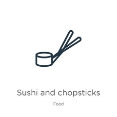 Sushi and chopsticks icon. Thin linear sushi and chopsticks outline icon isolated on white background from food collection. Line vector sushi and chopsticks sign, symbol for web and mobile