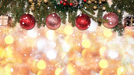 Fototapeta na wymiar Christmas and New Year background with bokeh lights, for branches with decorations in snow flakes, place for text. Holiday card for congratulations, selective focus, banner