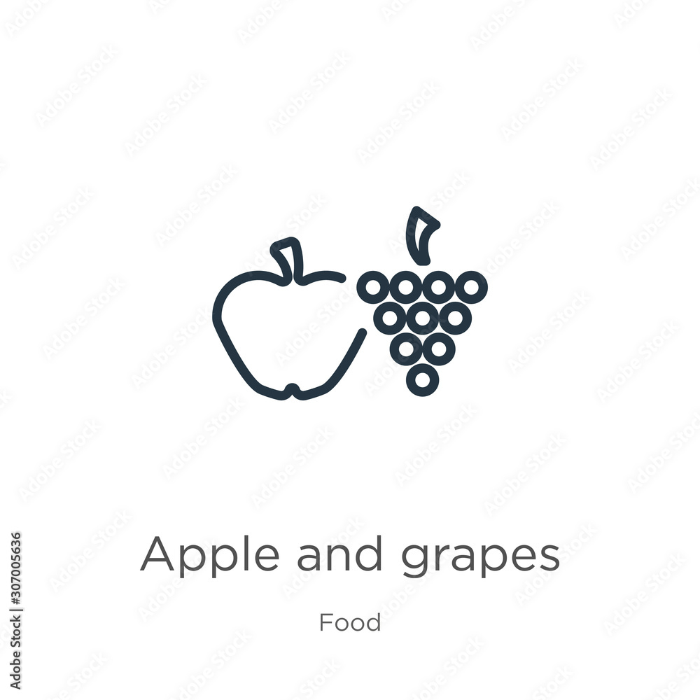 Poster apple and grapes icon. thin linear apple and grapes outline icon isolated on white background from f