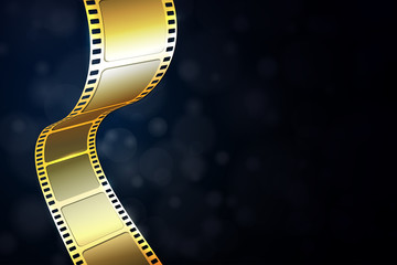 Realistic 3D gold cinema film strip isolated on blue background. Festive design cinema film frame with place for text. Vector template movie for advertisement, poster, brochure, banner, flyer. EPS 10 - obrazy, fototapety, plakaty