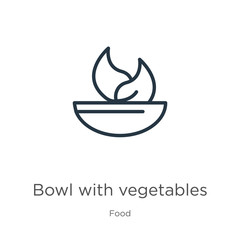 Bowl with vegetables icon. Thin linear bowl with vegetables outline icon isolated on white background from food collection. Line vector bowl with vegetables sign, symbol for web and mobile