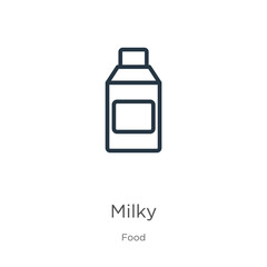 Milky icon. Thin linear milky outline icon isolated on white background from food collection. Line vector milky sign, symbol for web and mobile