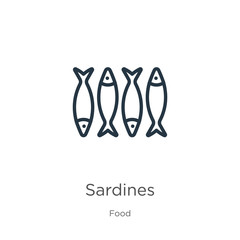 Sardines icon. Thin linear sardines outline icon isolated on white background from food collection. Line vector sardines sign, symbol for web and mobile