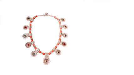Arabic silver necklace with gemstones isolated on white background.