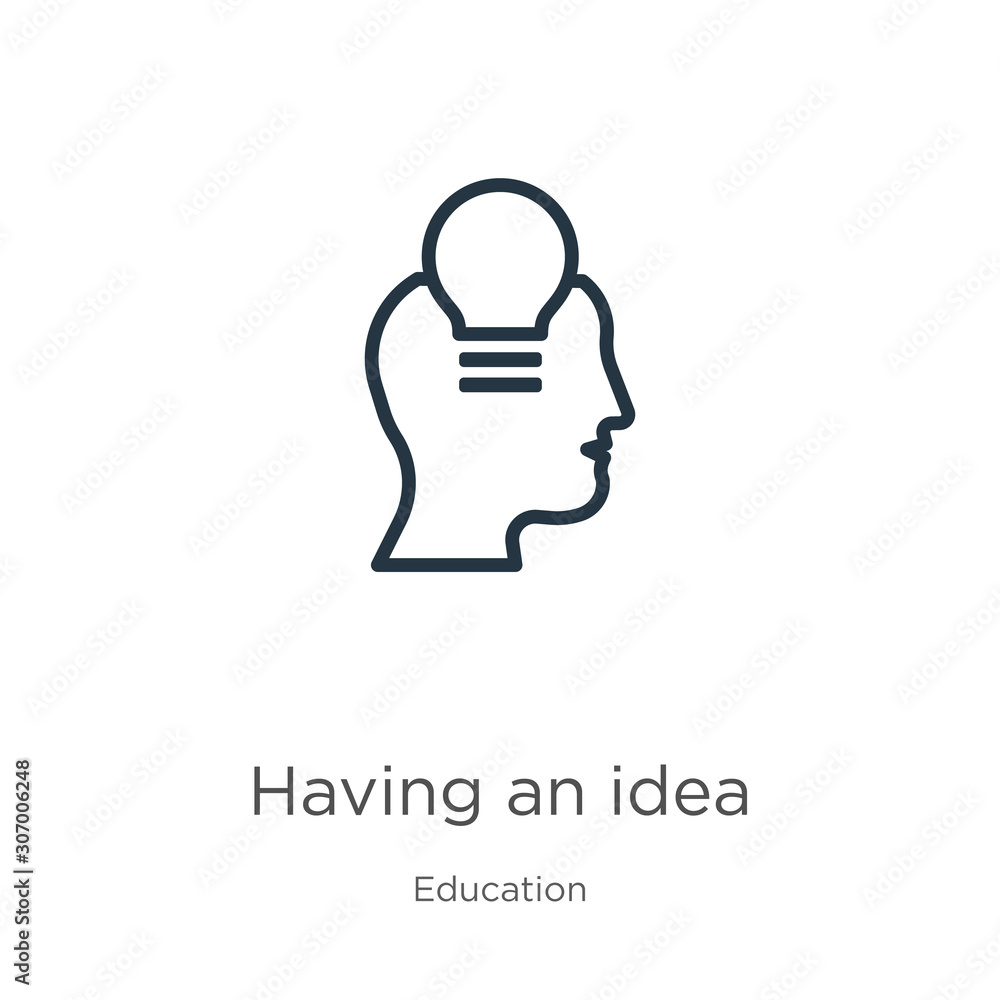 Poster having an idea icon. thin linear having an idea outline icon isolated on white background from educa