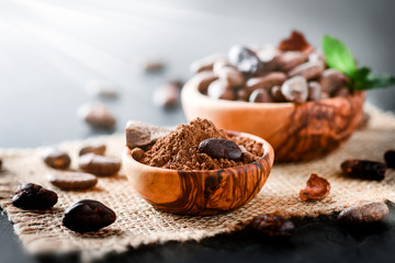 Cocoa beans with mint on jute side view. Cacao powder in wooden bowl blure in background. Panorama or banner concept.