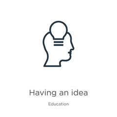 Having an idea icon. Thin linear having an idea outline icon isolated on white background from education collection. Line vector having an idea sign, symbol for web and mobile