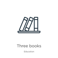 Three books icon. Thin linear three books outline icon isolated on white background from education collection. Line vector three books sign, symbol for web and mobile