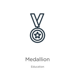 Medallion icon. Thin linear medallion outline icon isolated on white background from education collection. Line vector medallion sign, symbol for web and mobile