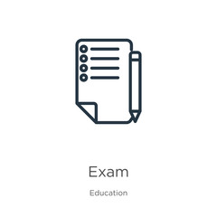 Exam icon. Thin linear exam outline icon isolated on white background from education collection. Line vector exam sign, symbol for web and mobile
