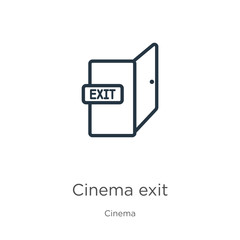Cinema exit icon. Thin linear cinema exit outline icon isolated on white background from cinema collection. Line vector cinema exit sign, symbol for web and mobile