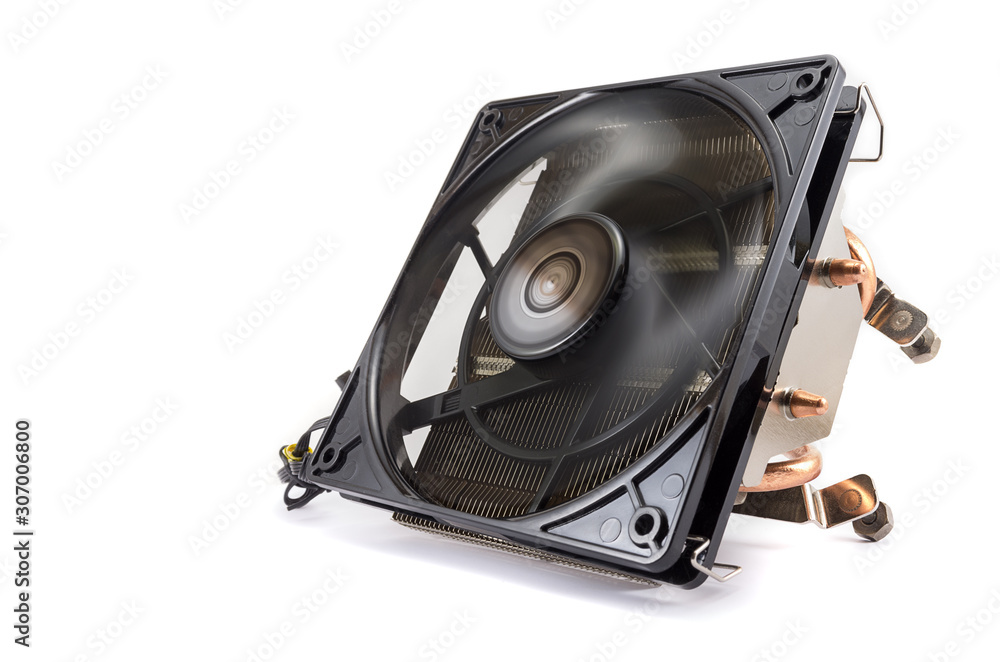 Poster computer cpu cooling system. fan and radiator isolated on white background