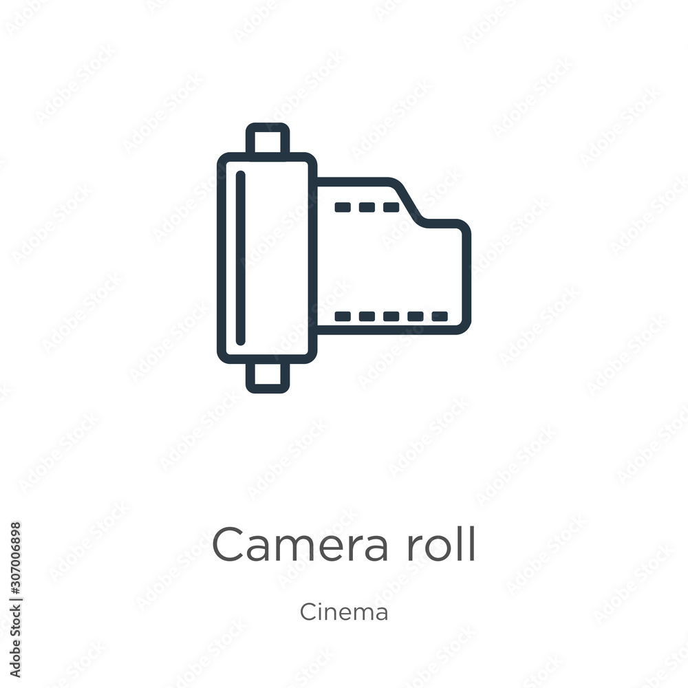Poster camera roll icon. thin linear camera roll outline icon isolated on white background from cinema coll