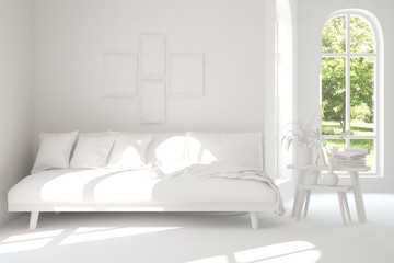 Mock up of stylish room in white color with sofa and green landscape in window. Scandinavian interior design. 3D illustration