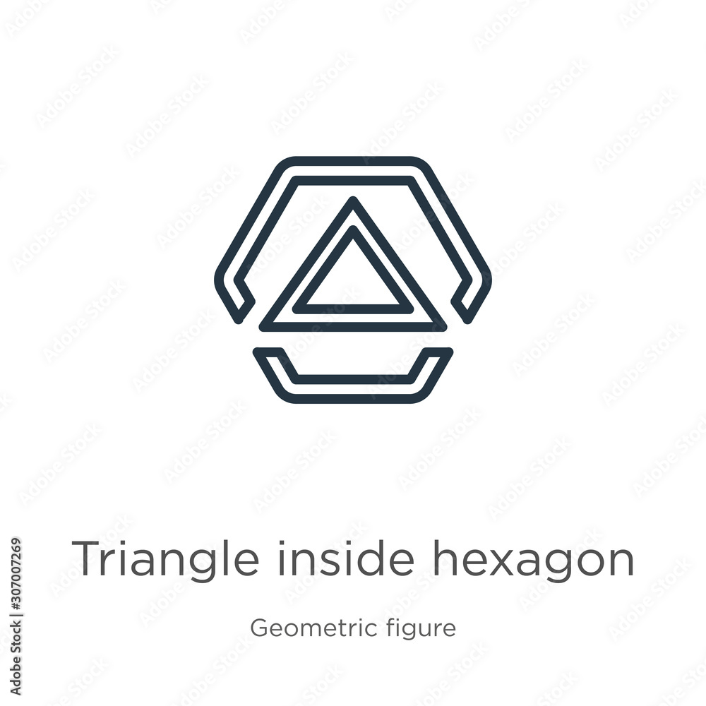 Poster triangle inside hexagon icon. thin linear triangle inside hexagon outline icon isolated on white bac