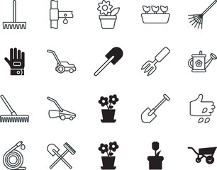 gardening vector icon set such as: help, tube, farmer, activity, rural, science, action, lightbulb, working, watering, board, department, botanic, wheel, sowing, mini, seed, glove, vegetable