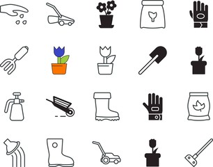 gardening vector icon set such as: cart, knapsack, internet, connect, action, pesticide, metal, style, website, empty, hose, seeds, dirt, earth, can, hoeing, ground, young, wheel, container, wave