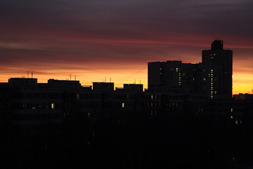 Fototapeta na wymiar December dawn in a residential area of Moscow