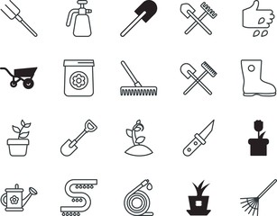 gardening vector icon set such as: extinguisher, shoveling, harrow, fire, compressor, field, foot, pressure, knife, mini, pump, new, wheel, food, spraying, sowing, cutter, danger, bag, empty, sow