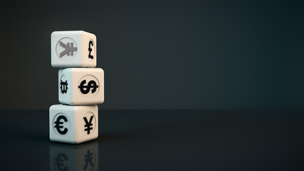 Dice with currency symbols. Copy space. Mixed media.