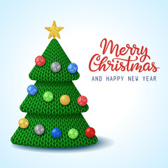 Merry Christmas and Happy New Year greeting card. Hand drawn lettering  with knitted Christmas tree on blue gradient background