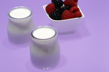 Tubs of natural yogurt, derived from cow's milk.