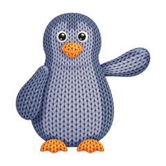 Illustration of a funny knitted penguin toy who swings its wing with salutation. On white background