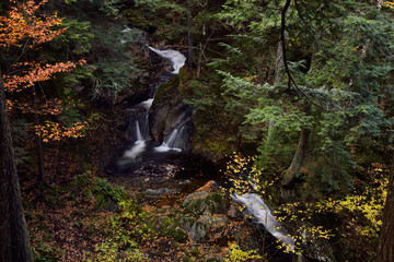 Sterling Falls Gorge with Fall colors Hemlock trees and plungepool near Stowe Vermont