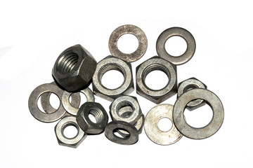 Collection of Old Bolt, Screws, Nuts Engineering Metal Tools on White Background