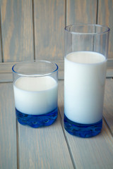 Two blue glass of milk on wooden planks, blue background, vertical image