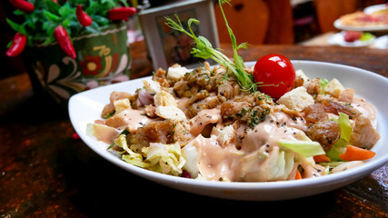 Chicken dish on a restaurant table