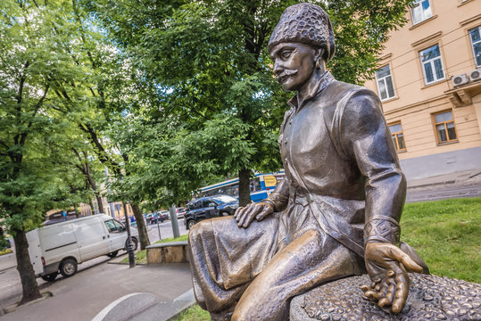 Lviv, Ukraine - June 15, 2017: Jerzy Franciszek Kulczycki sculpture located on Danylo Square near the centre of Lviv Old Town